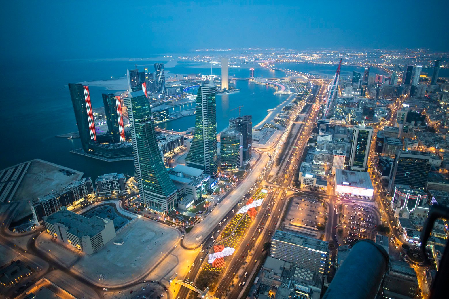 an Aerial picture from Bahrain sky in DECEMBER 13 2021, shown Bahrain Financial Harbor in capital Manama, Bahrain Financial Harbour is a waterfront commercial development project. Costing $1.5 billion and covering an area of 380,000 square metres, the two main Harbour Towers were officially opened in May 2007