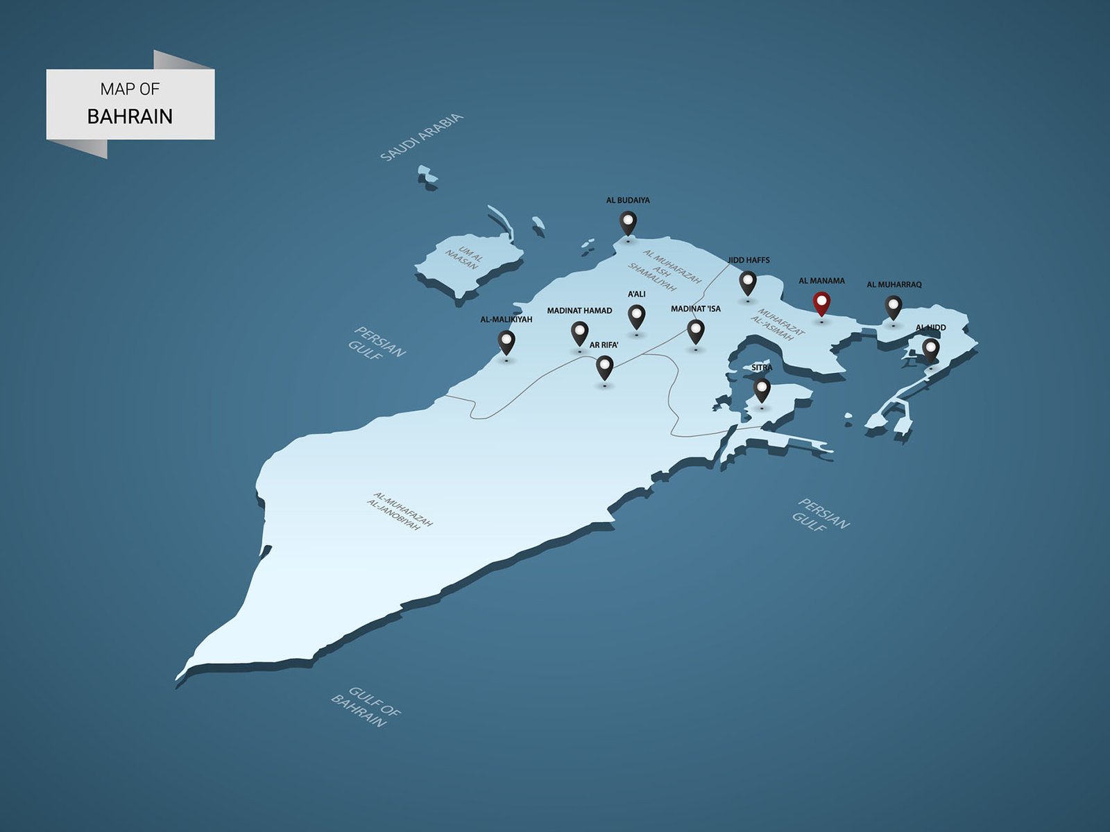 Isometric 3D Bahrain map,  vector illustration with cities, borders, capital, administrative divisions and pointer marks; gradient blue background.  Concept for infographic.